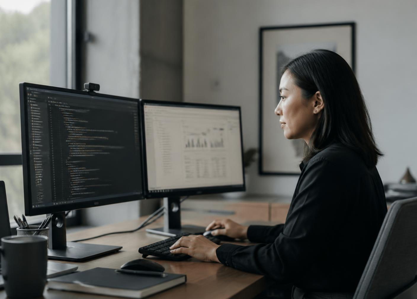 A professional working at a desk with two monitors in a quiet office.