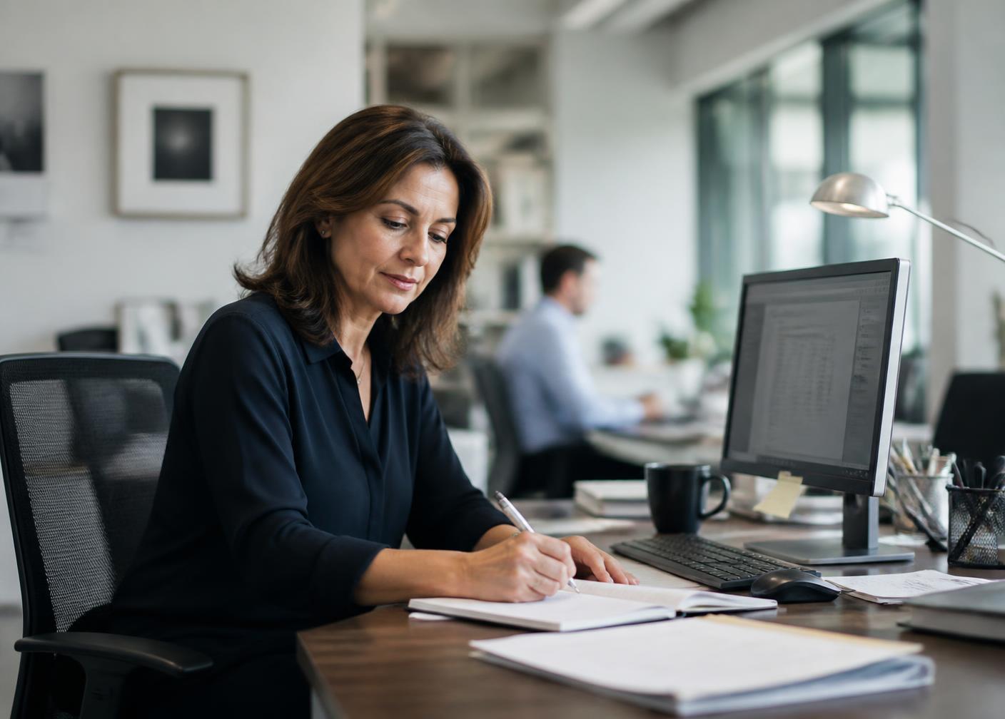 A professional at an office workstation reviewing notes beside a monitor.